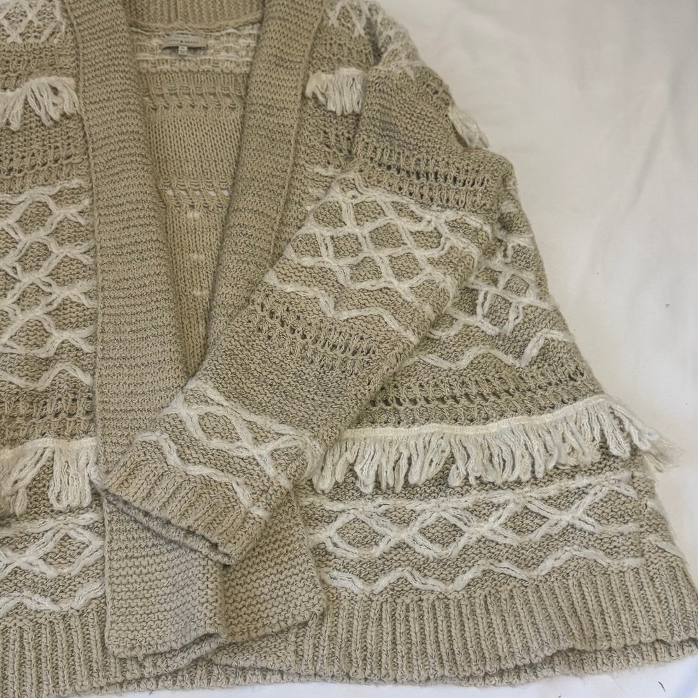 Lucky Brand Open Front Fringe Knit Cardigan Sweater Beige XL - Picture 6 of 15